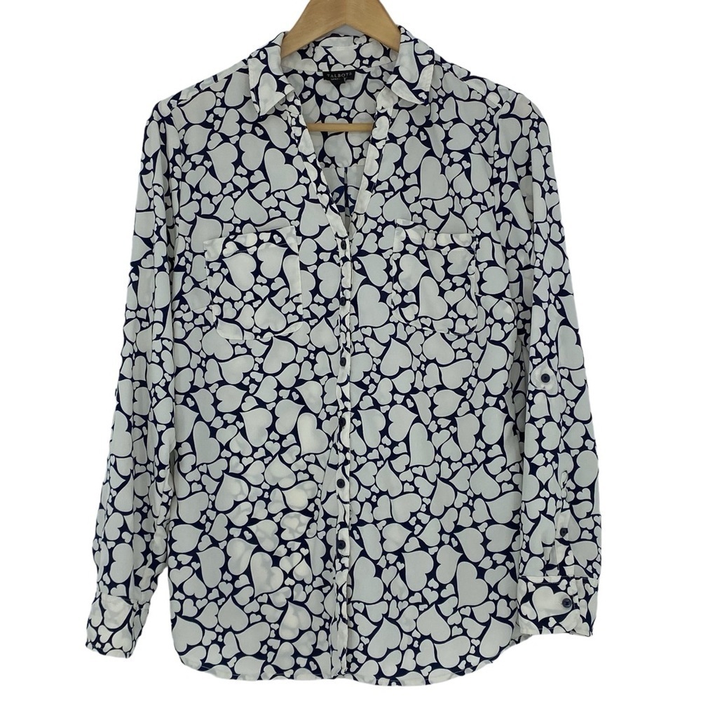 Talbots Nantucket Heart Navy Cream Button Down LS Top Wms Sz Large